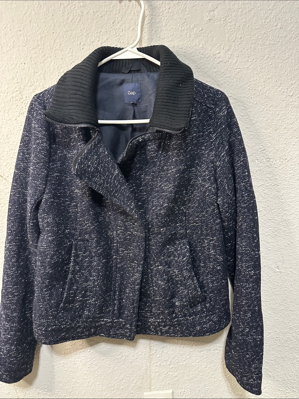 GAP Women's Navy Speckled Tweed Jacket with Ribbed Collar